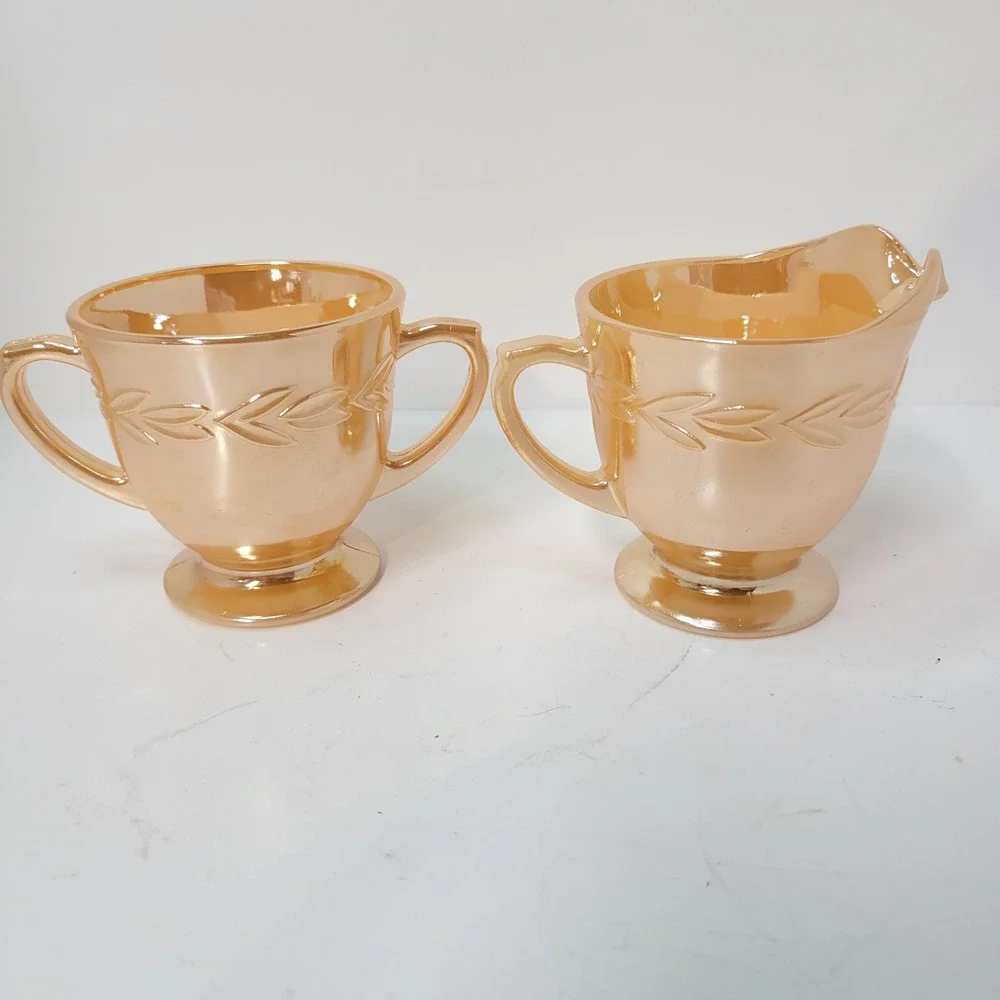 Vintage‎ Fire King Peach Lustre Creamer and Sugar Bowl Set Laurel Leaf